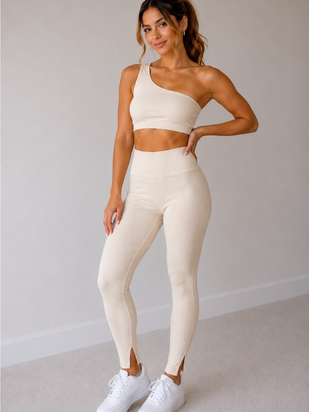 NWT OQQ 2 piece Cream Sports Bra & High-Waist Ribbed Leggings Gym set , Small